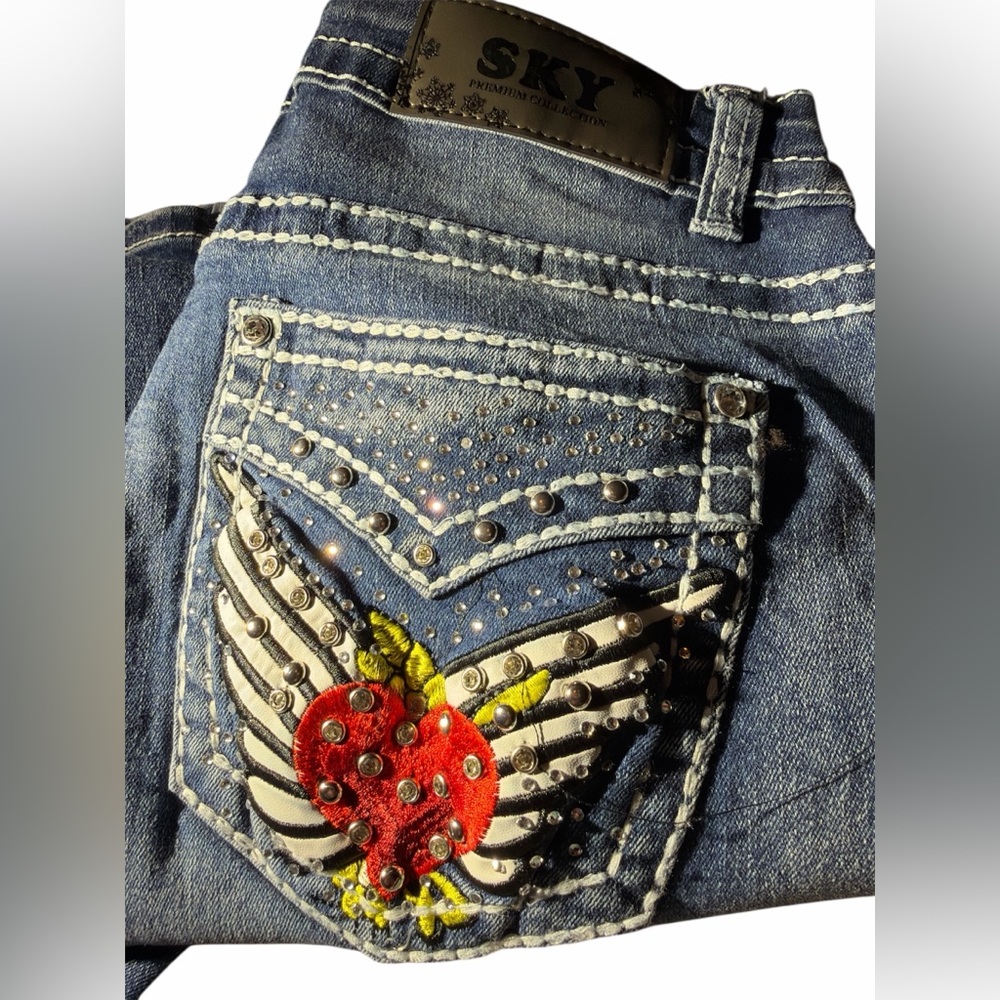 Sky Blue Jeans with Embroidered Red Heart White Wings and Embellishments Sz 13